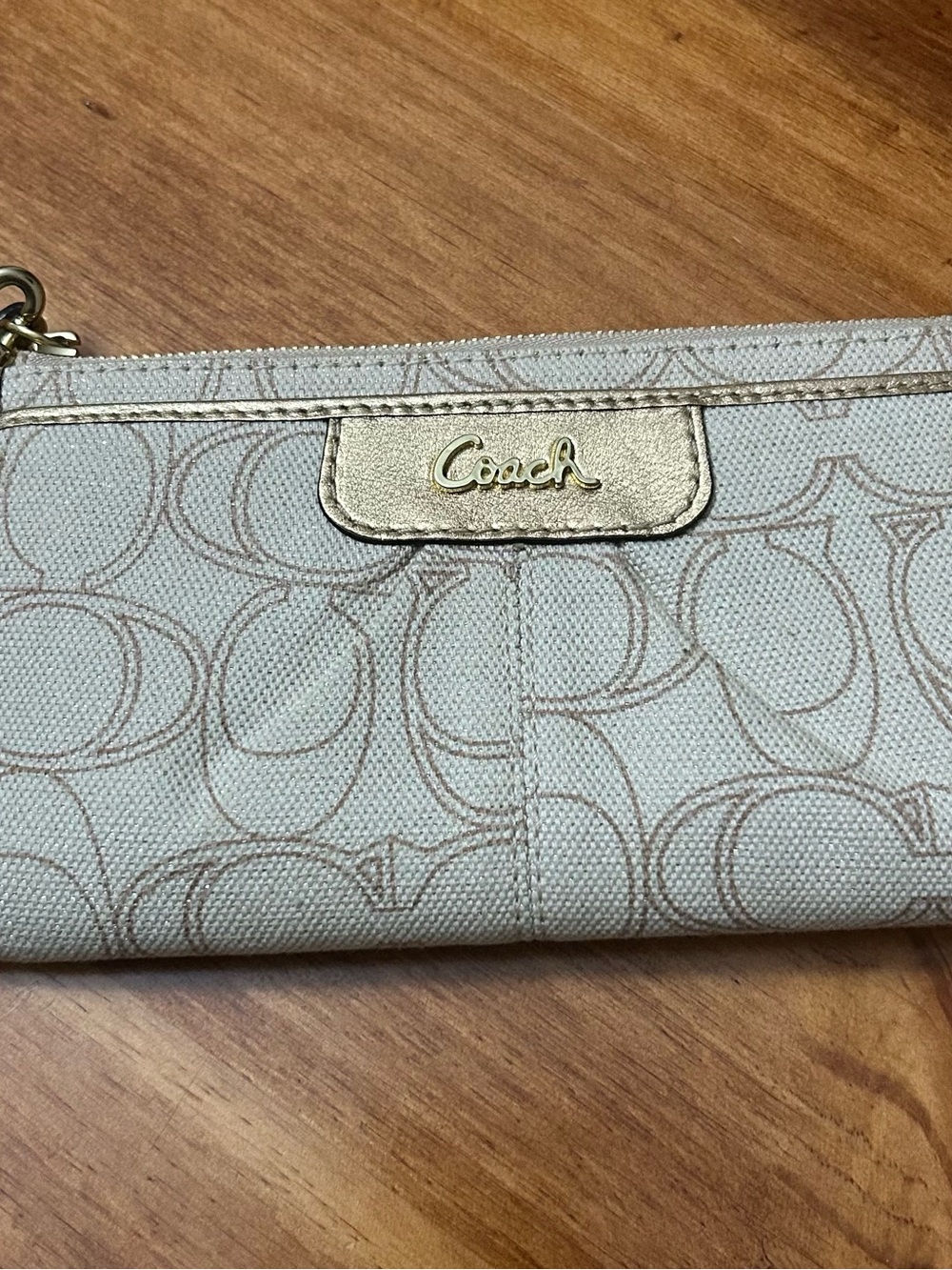 Coach Beige Signature Canvas Wristlet with Gold Accent